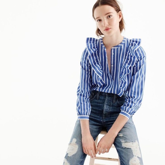 J. Crew Tops - J. Crew Blue Stripes Button Up Poplin Shirt with Ruffles sz 4